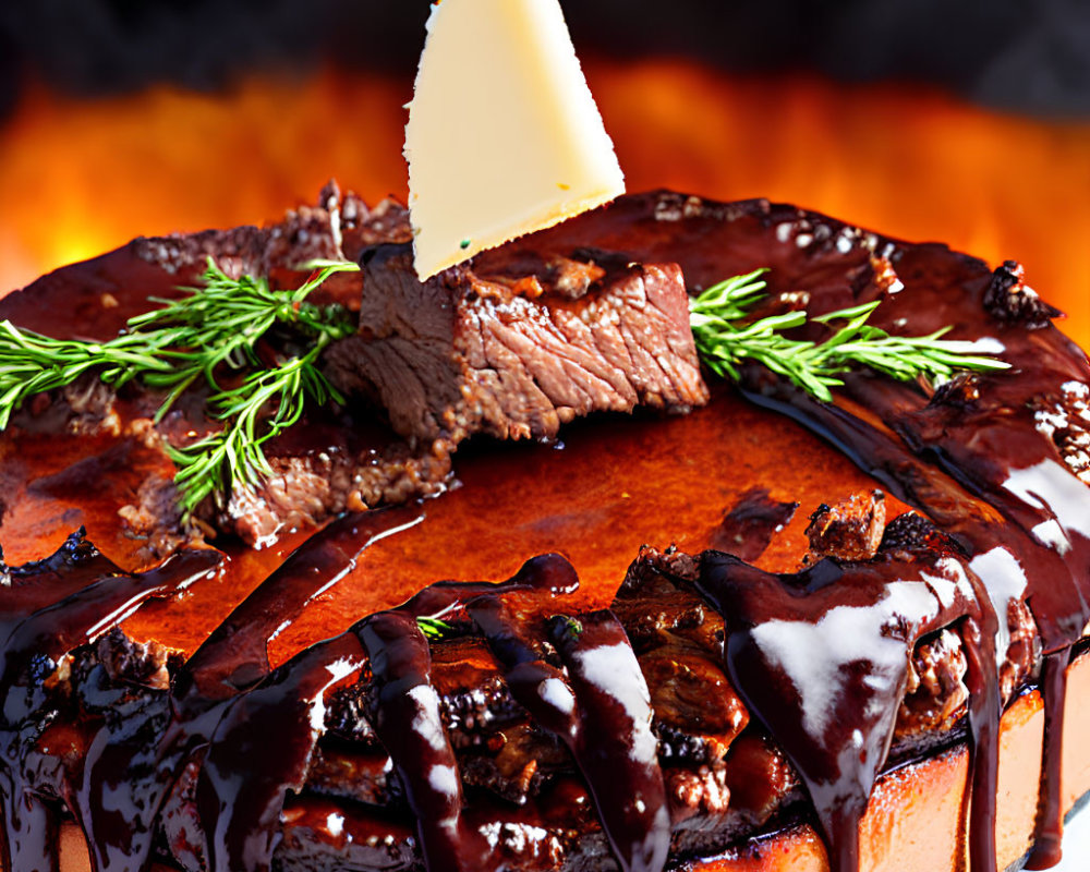 Decadent Steak Cheesecake with Chocolate Ganache and Rosemary Garnish