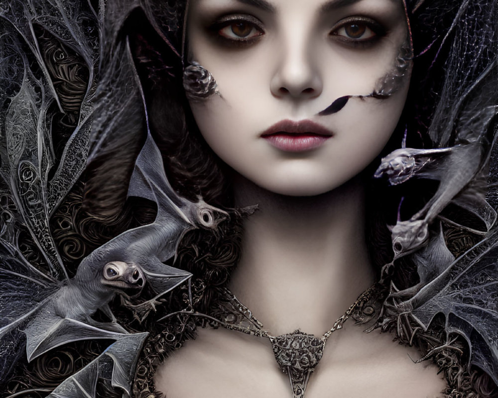 Gothic fantasy portrait of pale woman with dark makeup and bats