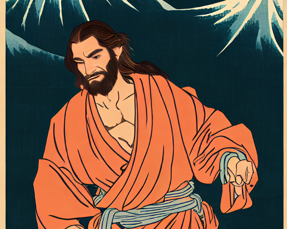 Illustrated portrait of bearded man in orange Japanese robes with Mount Fuji and stylized waves.