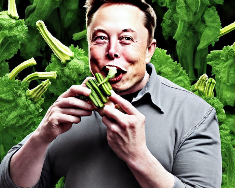 Man playfully biting celery in a green setting