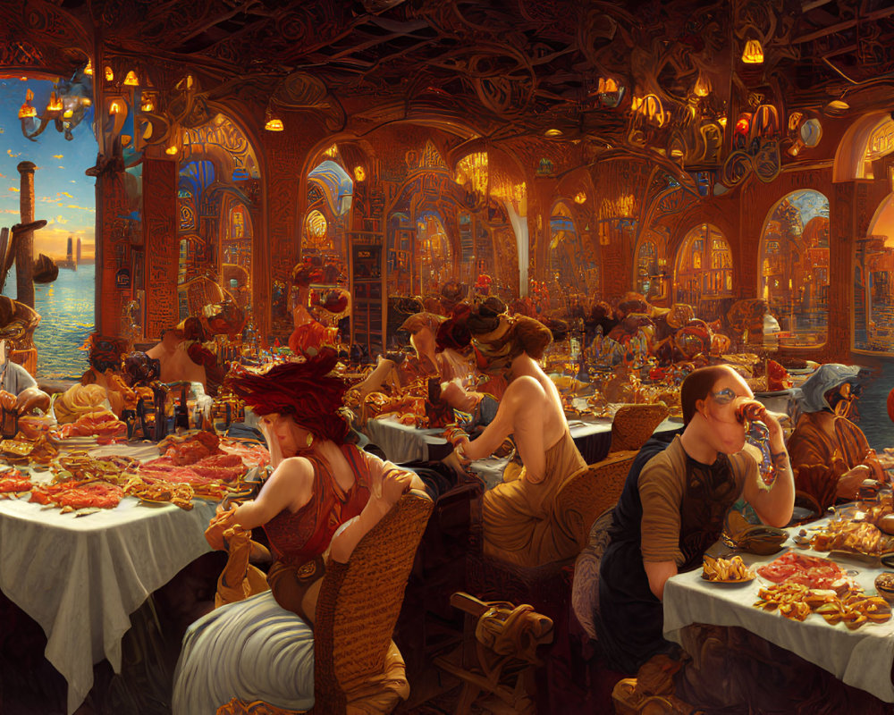 Opulent banquet scene in ornate hall with people in red tones dining and conversing under warm lighting