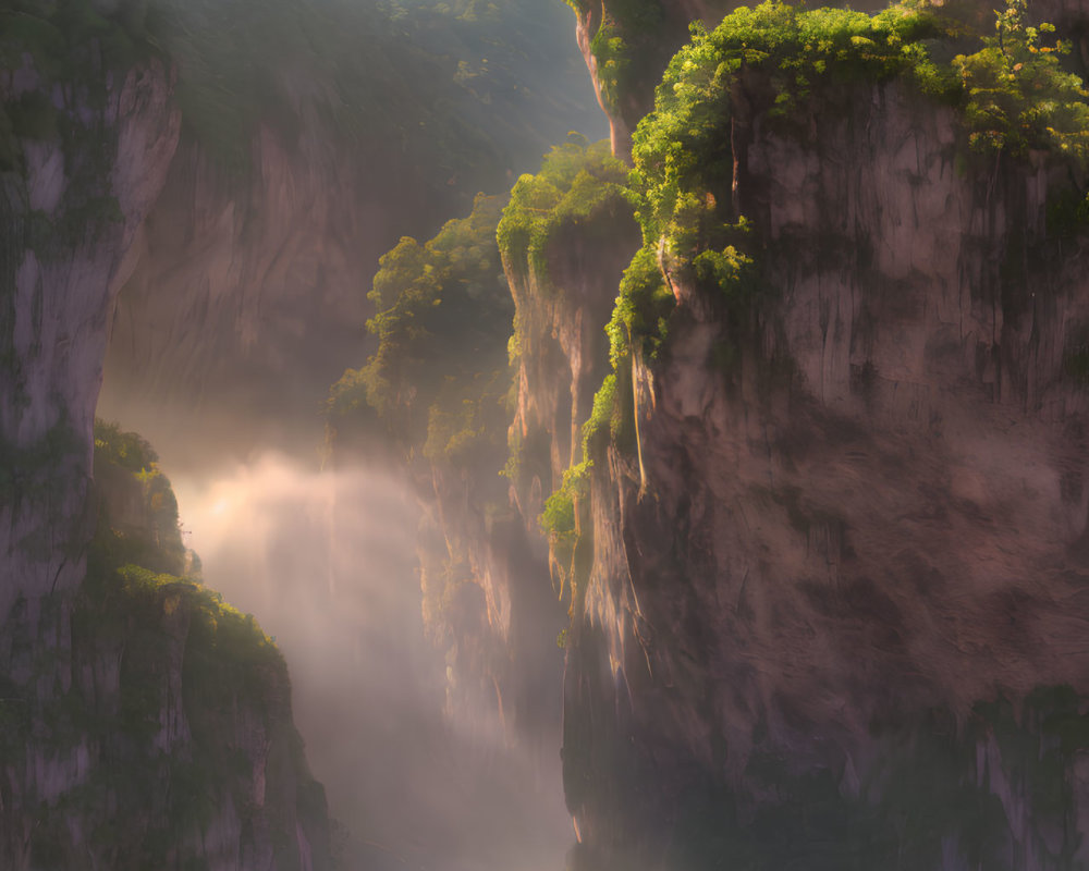 Sunlit Canyon: Serene River, Towering Cliffs, Lush Greenery