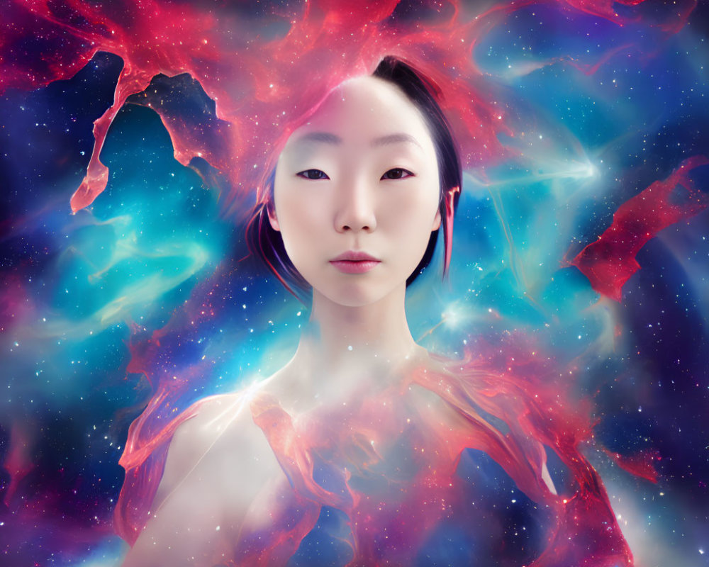 Portrait of a woman with cosmos and nebula overlay for surreal effect