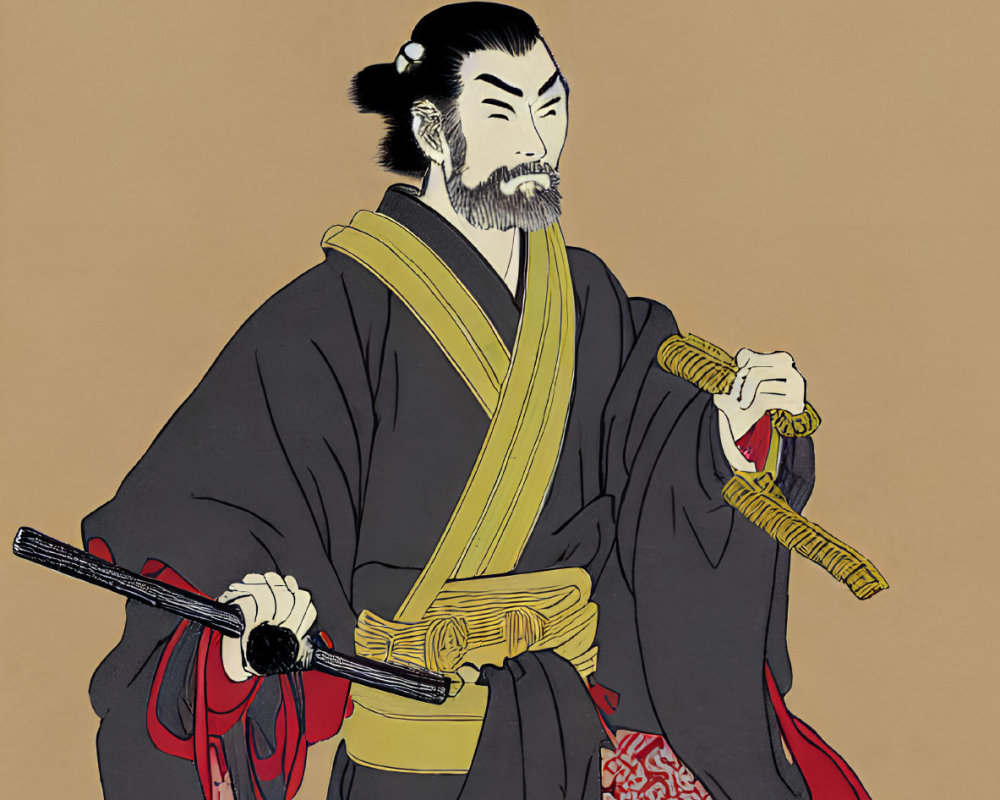 Traditional Japanese Artwork: Samurai with Two Swords in Kimono