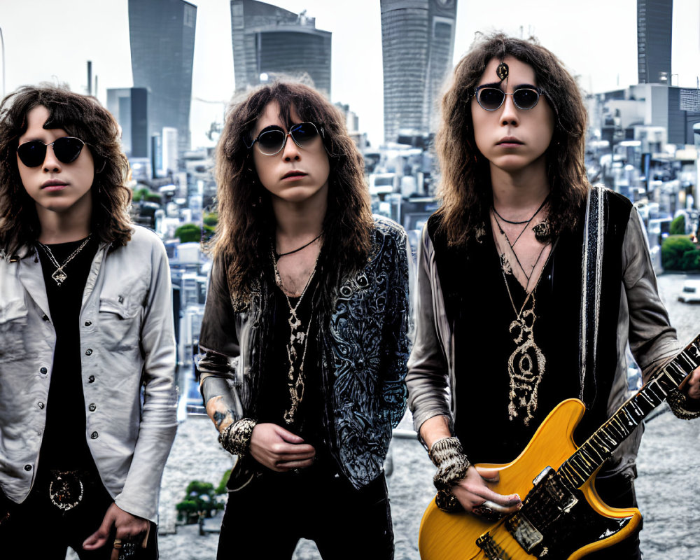 Three musicians with long curly hair in rock attire against city skyline, one with yellow electric guitar