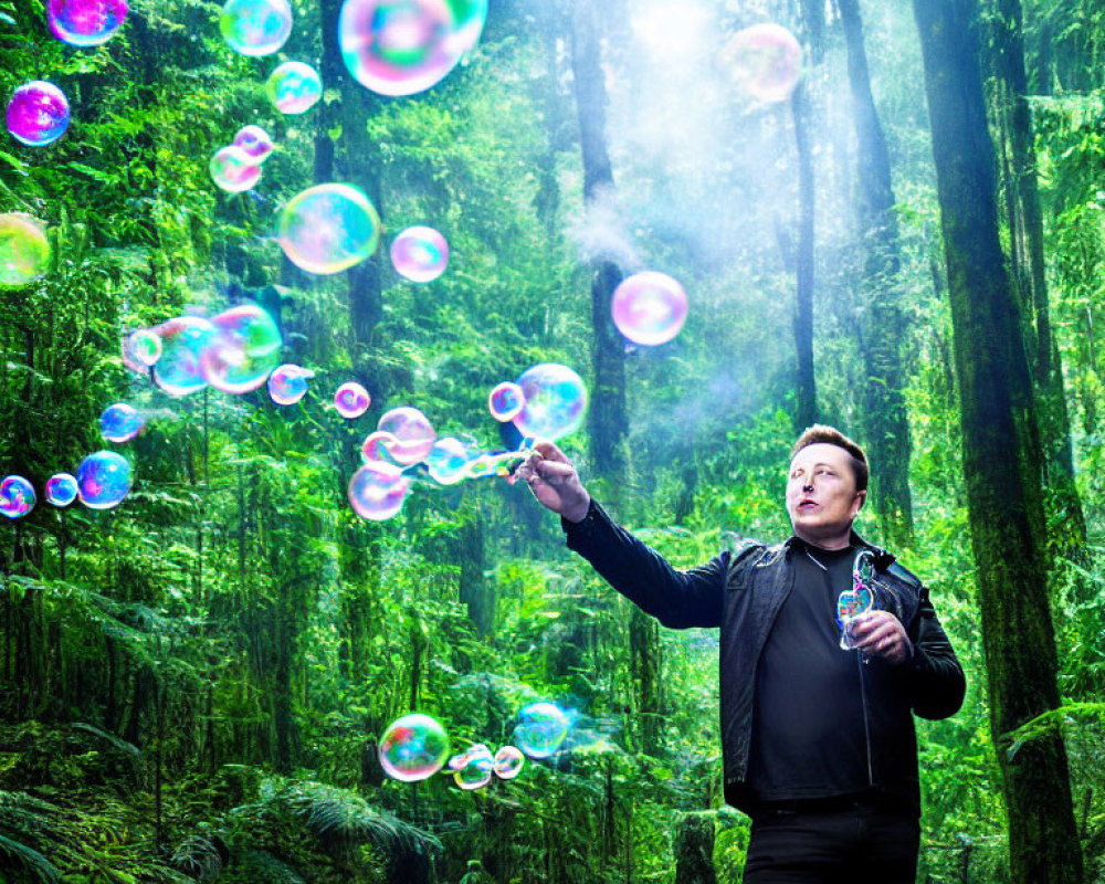 Person blowing soap bubbles in lush green forest with sunlight filtering through trees