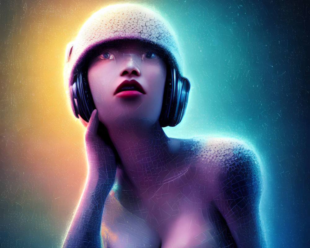 Vibrant digital portrait of person in helmet and headphones