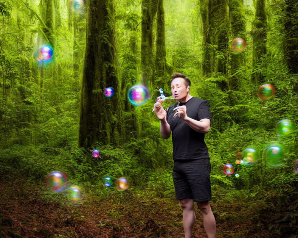 Man blowing soap bubbles in lush green forest with sunlight filtering through dense canopy