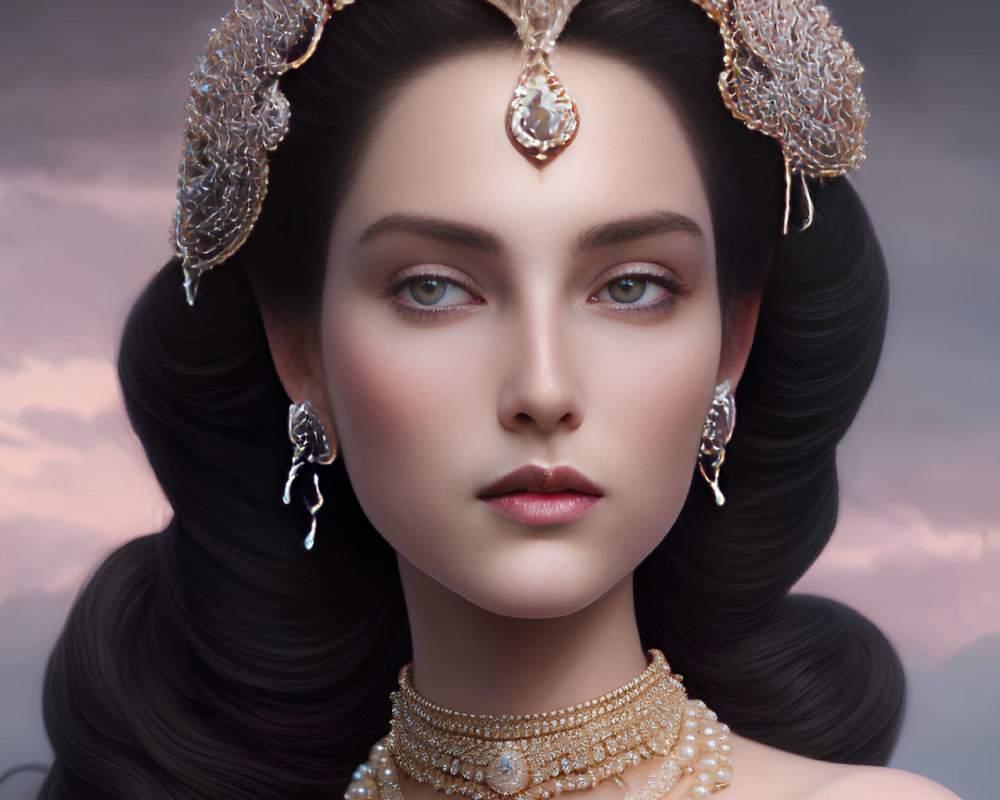 Portrait of woman with dark hair in pearl and gold jewelry against cloudy sky