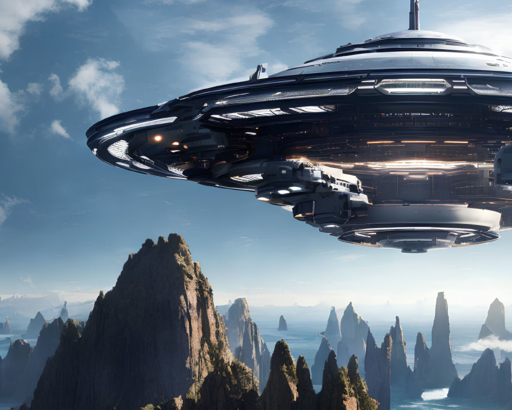 Futuristic spaceship over rugged mountains and water islands