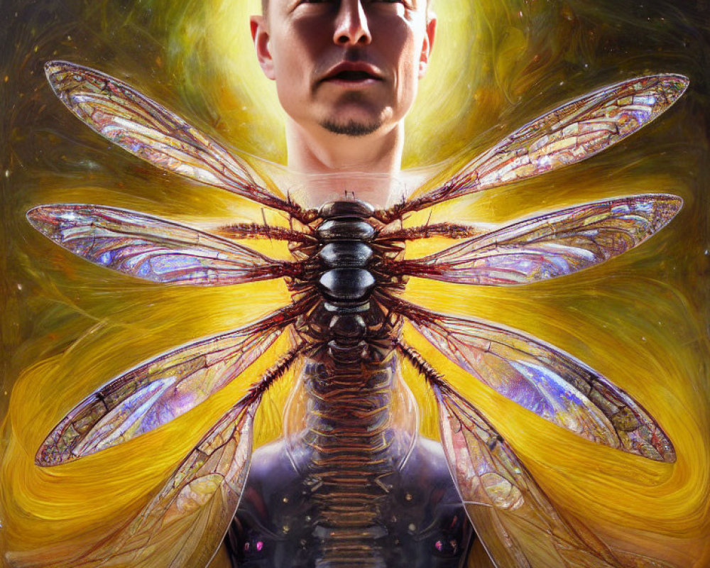 Surreal portrait: person's head merges with dragonfly body on golden backdrop