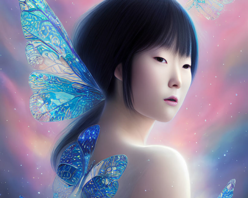 Person with Butterfly Wings in Surreal Cosmic Setting