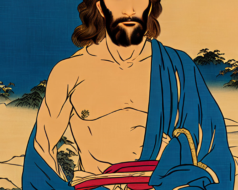 Muscular man with long hair and beard in blue and red traditional outfit against stylized landscape.