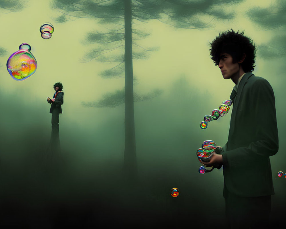 Person in Afro and Suit in Foggy Forest with Colorful Soap Bubbles