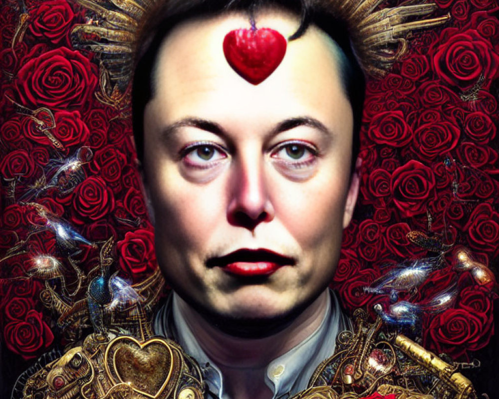 Stylized portrait of solemn figure with heart, halo, armor, and red roses