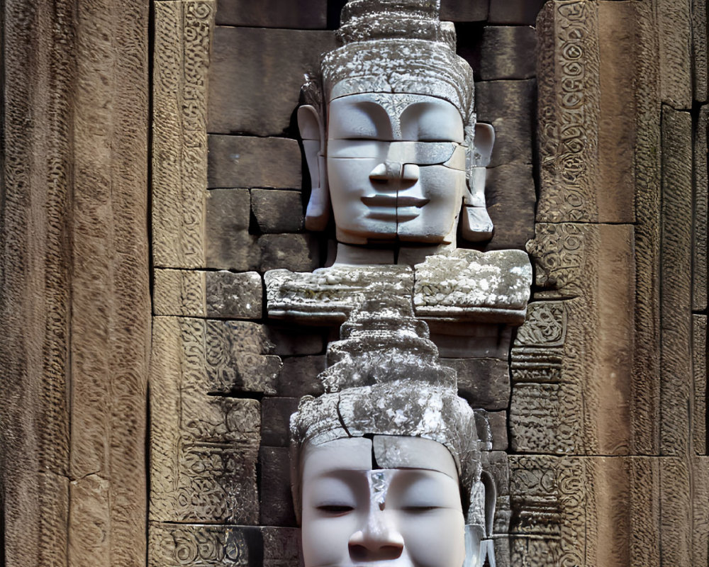 Intricate stone faces and patterns at Bayon Temple