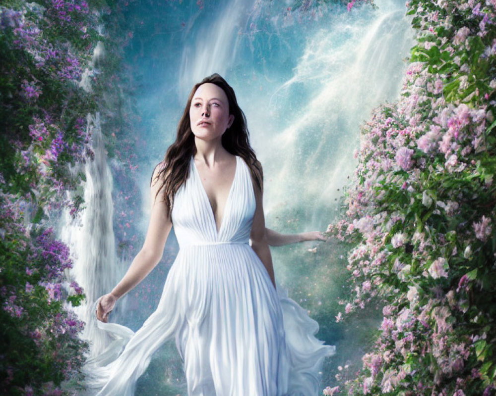 Woman in White Dress Surrounded by Flowers and Waterfall