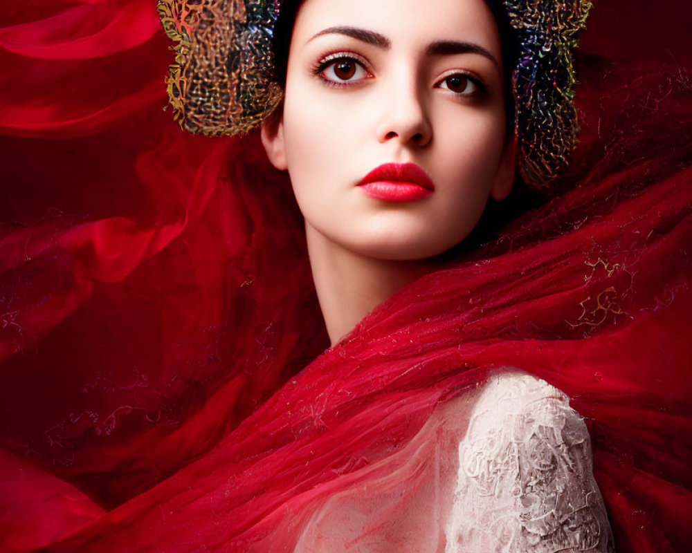 Pale-skinned woman with dark hair in floral headpiece and red fabric against red backdrop.