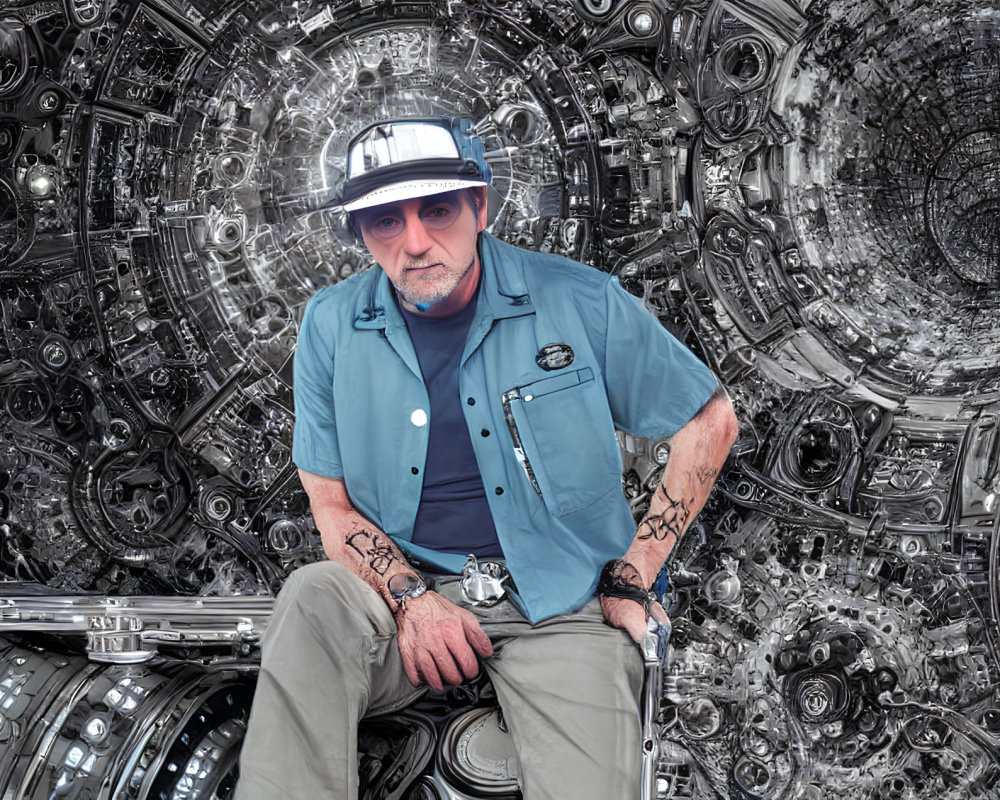 Man in Blue Shirt and Hat Sitting in Front of Complex Mechanical Backdrop