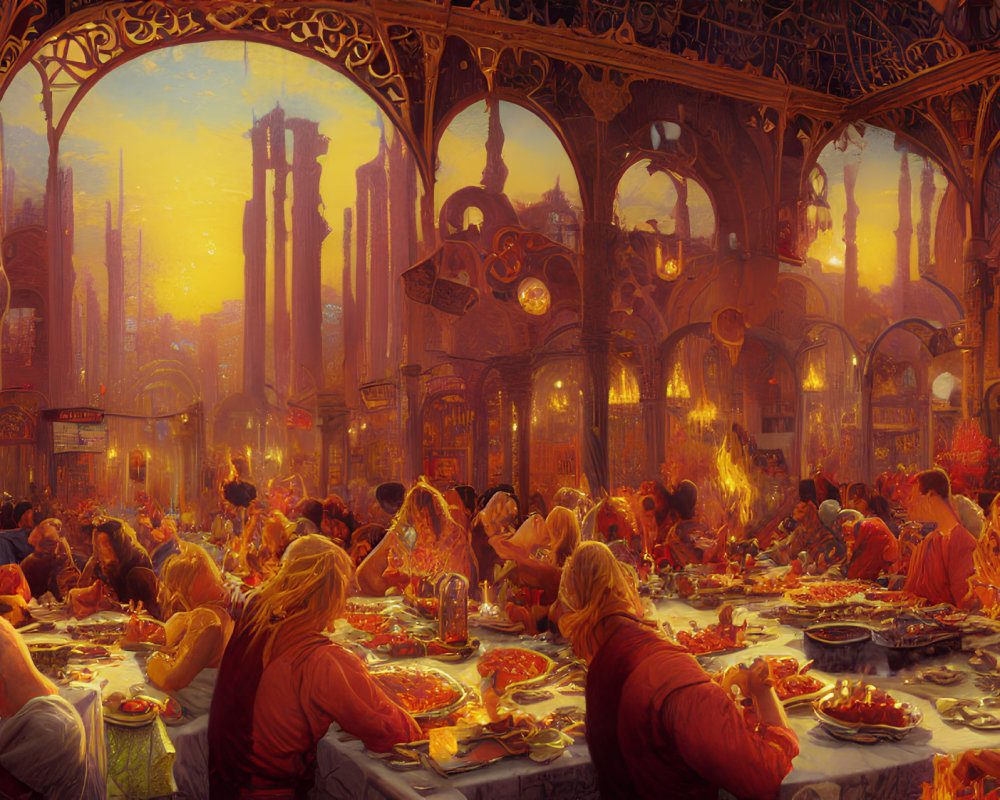 Medieval banquet in grand hall with Gothic arches and warm golden light