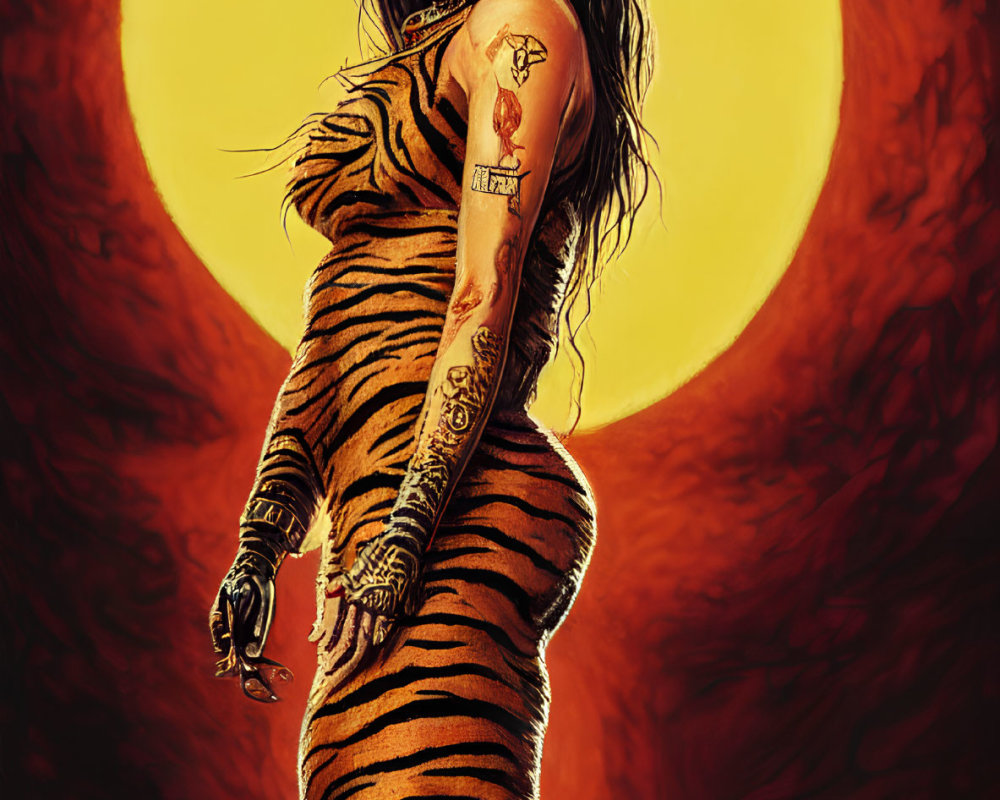 Digital artwork: Woman with tiger features, tattoos, and striking eyes under full moon