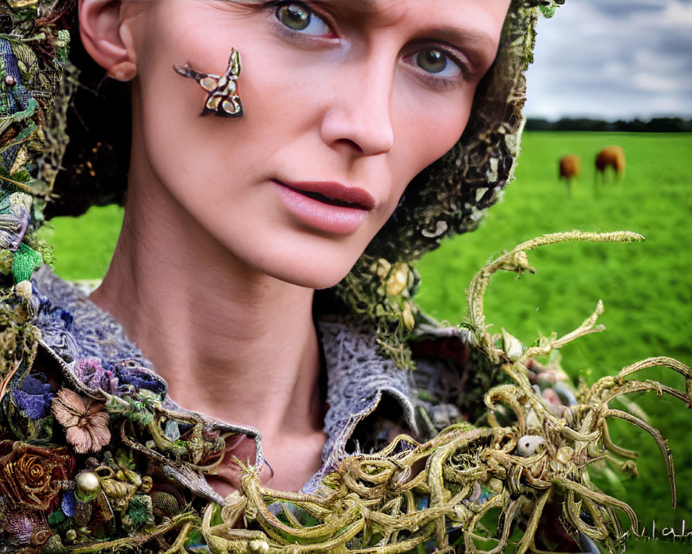 Woman with Blue Eyes in Nature-Inspired Headpiece