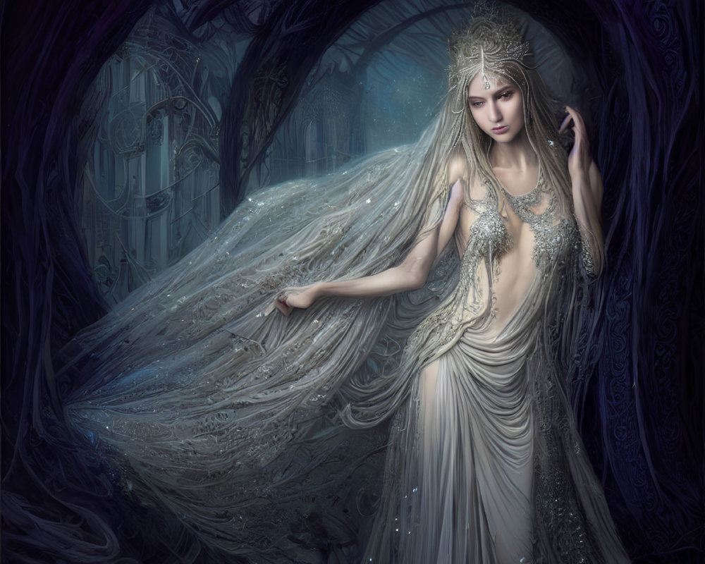 Ethereal woman in intricate gown in mystical fantasy forest