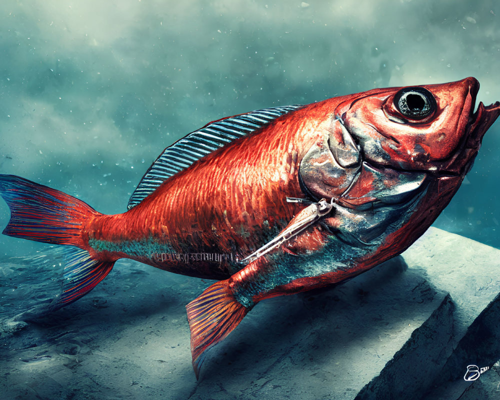 Detailed Red Fish Artwork on Rocky Surface with Blue Background