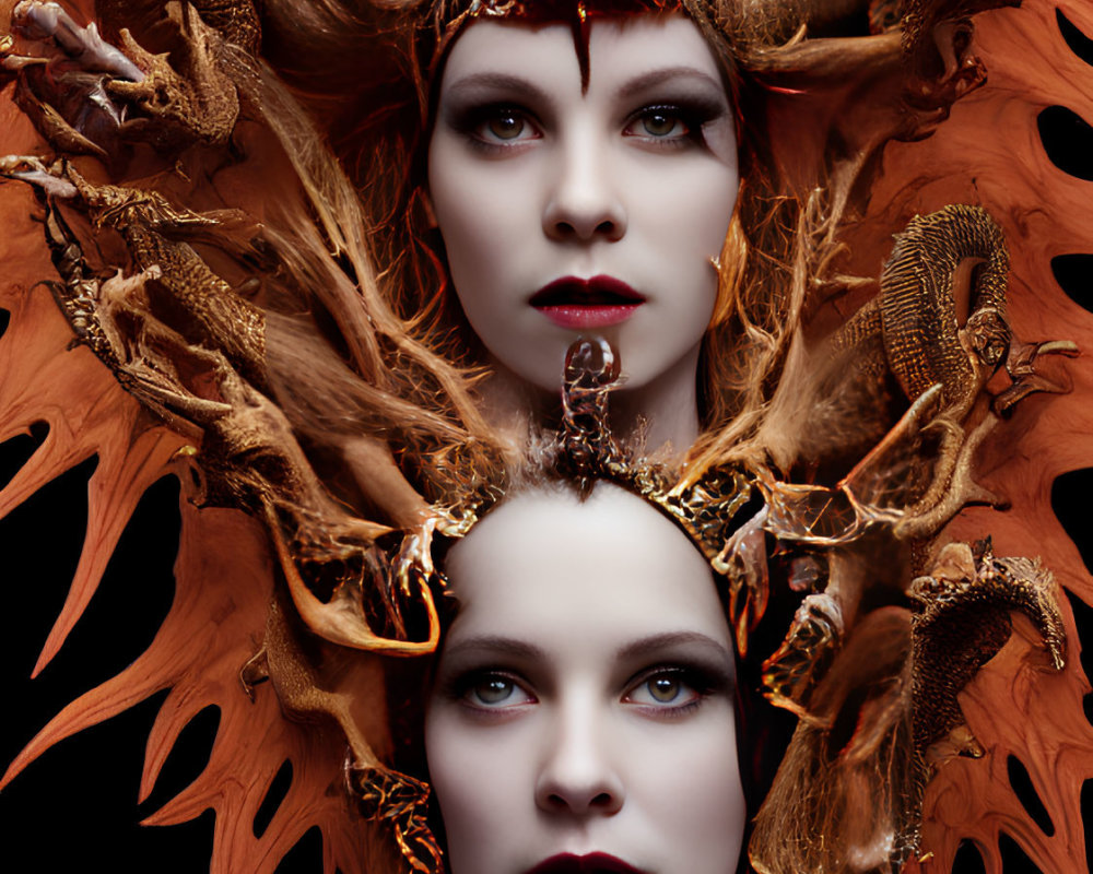 Stylized portrait of two women with dragon-themed headpieces on black background