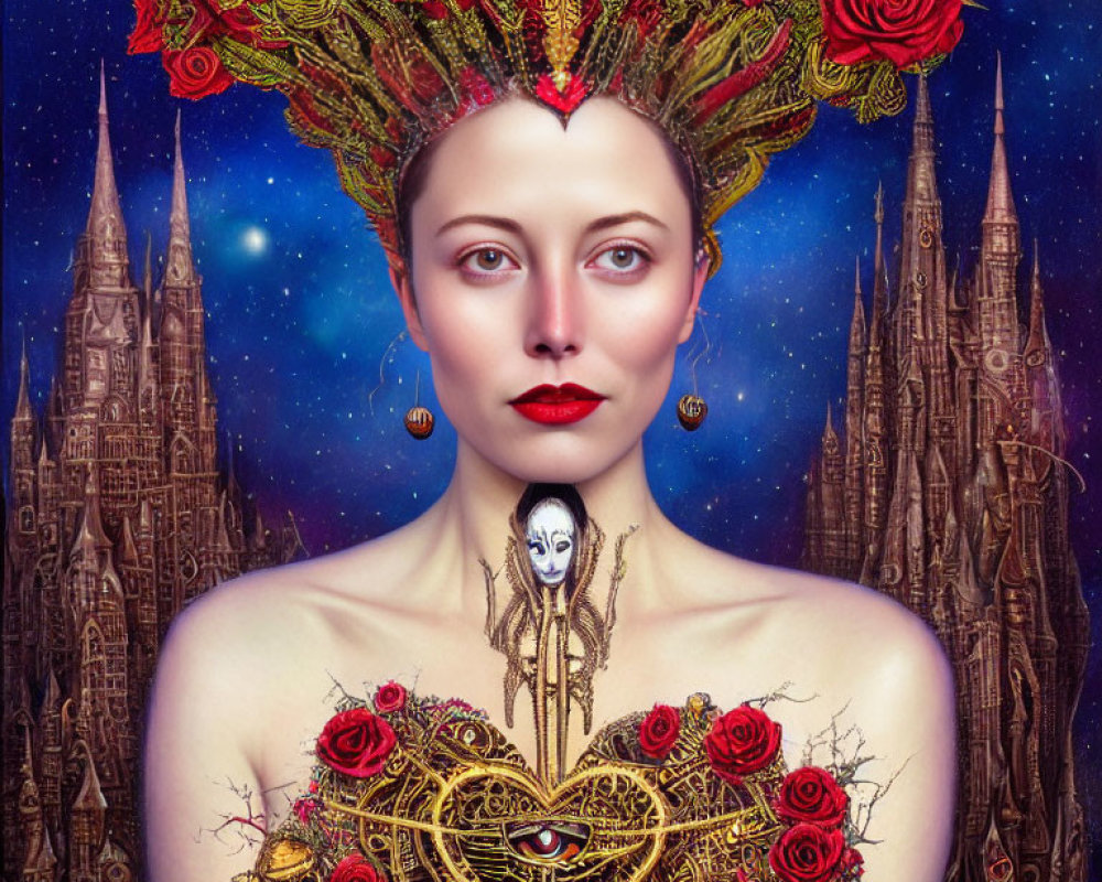 Woman in ornate headpiece and red roses on golden dress against blue starry sky and spire