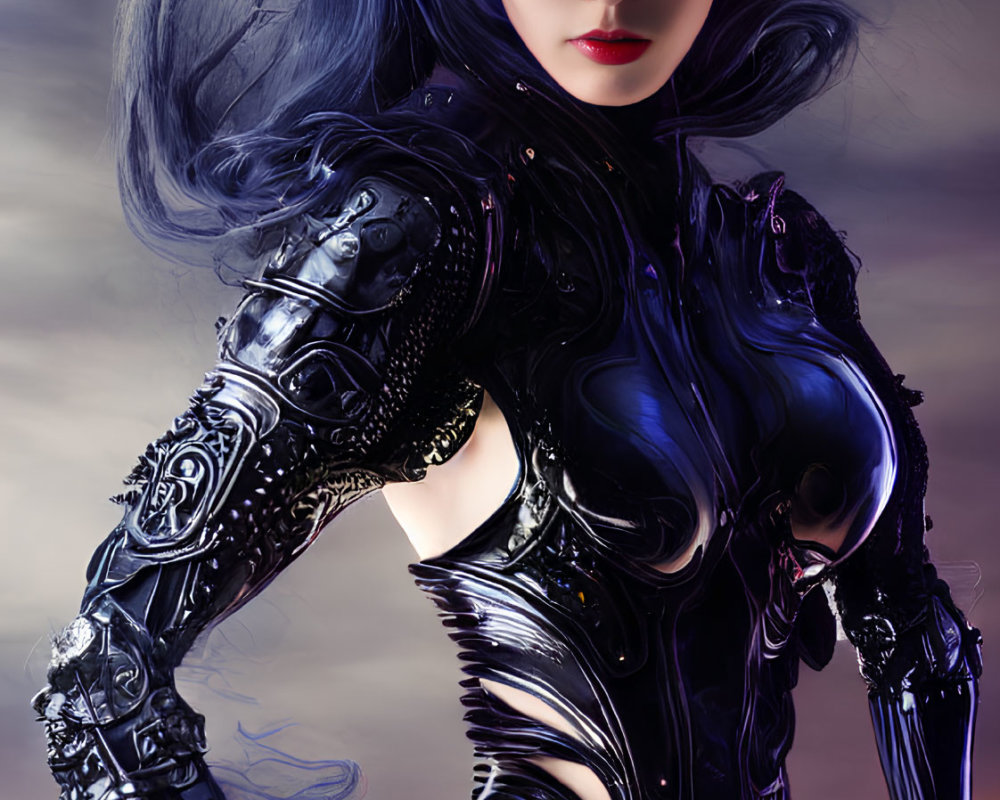 Digital artwork: Pale-skinned woman with blue eyes and hair in futuristic armor against cityscape.