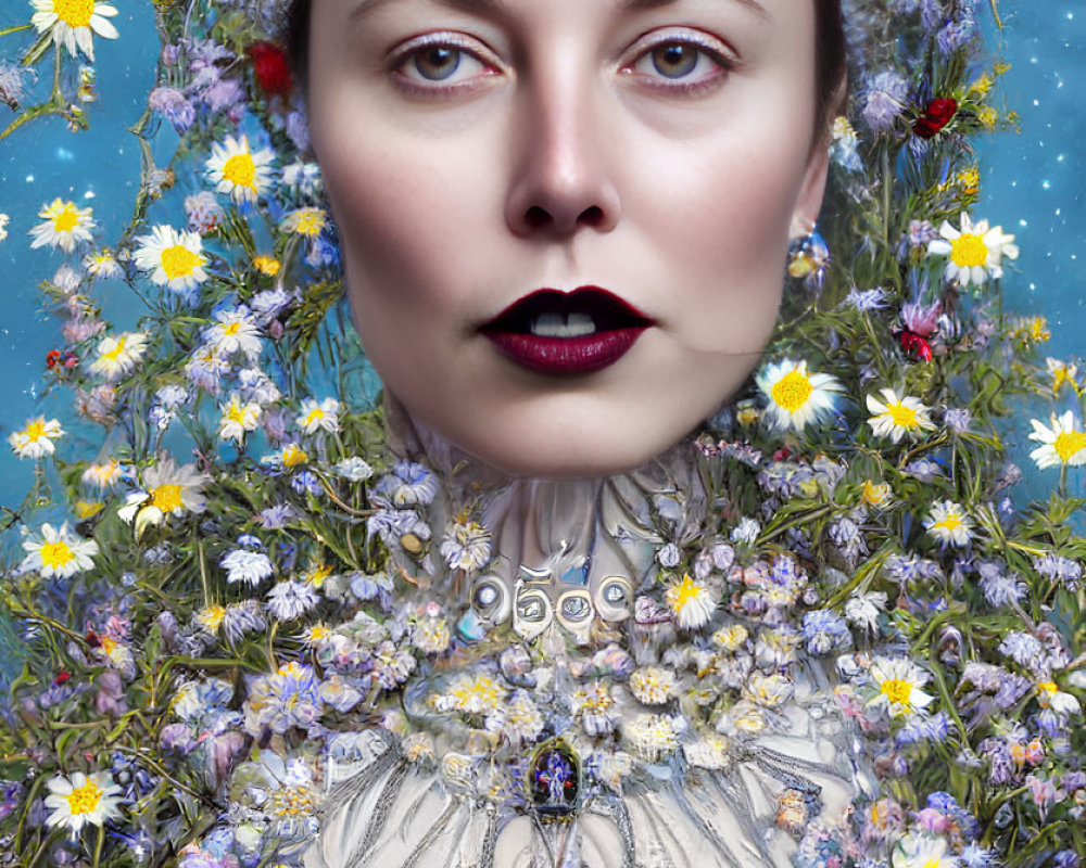 Symmetrical portrait of woman with floral headpiece against blue sky