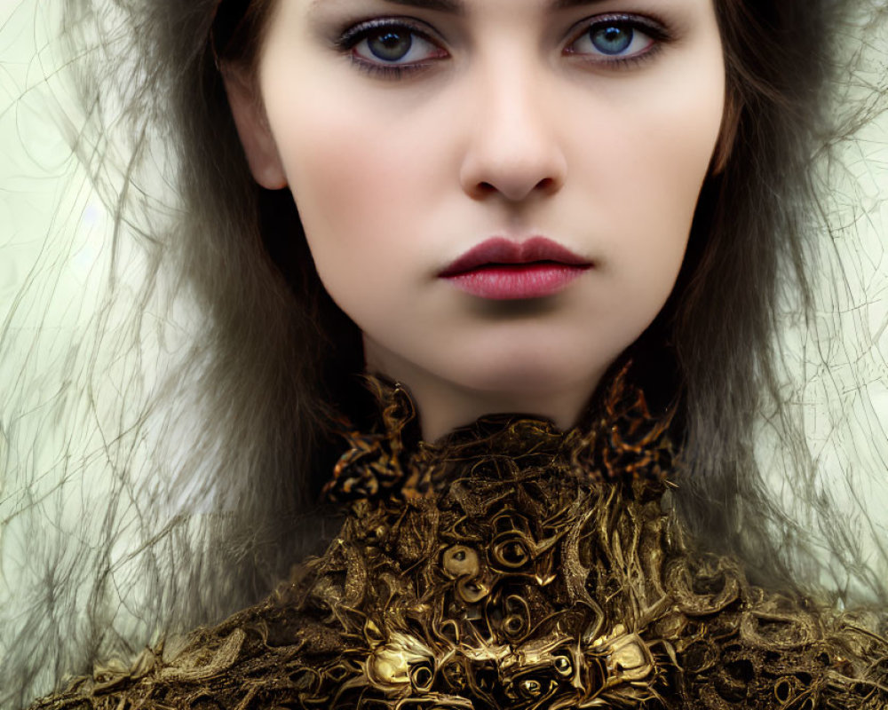 Intense gaze woman with red headband and gold collar on pale background