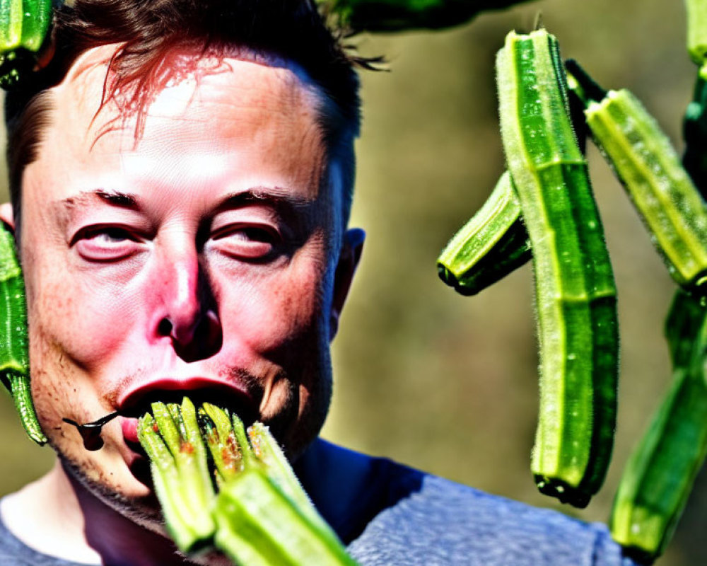 Surprised person with okra pods in background.