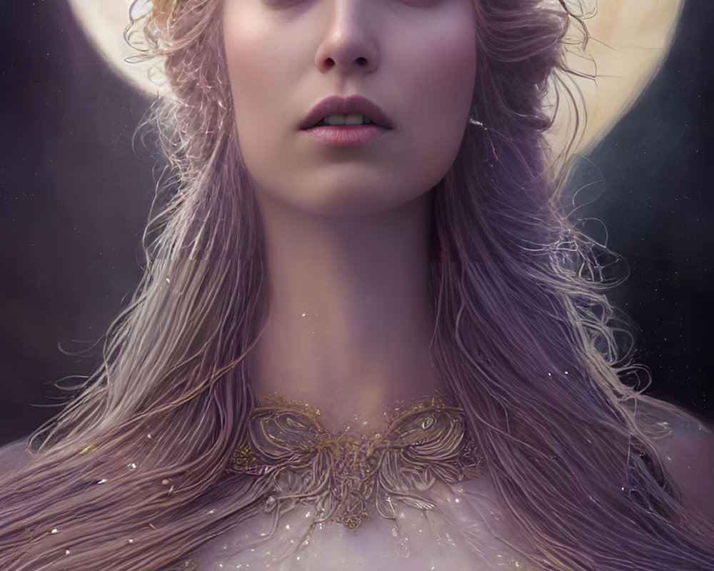 Fantasy woman portrait with gold jewelry, halo crown, and glowing moon.