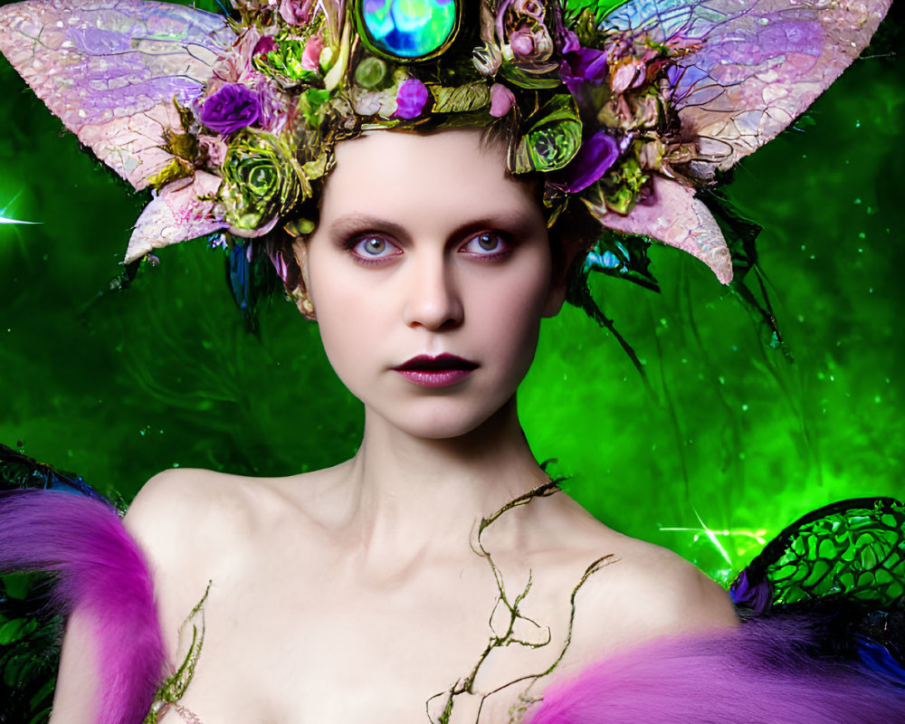 Woman with fantasy headdress and vibrant makeup on green background