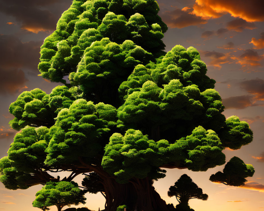 Majestic lone tree with thick trunk and lush green canopy against dramatic sunset sky