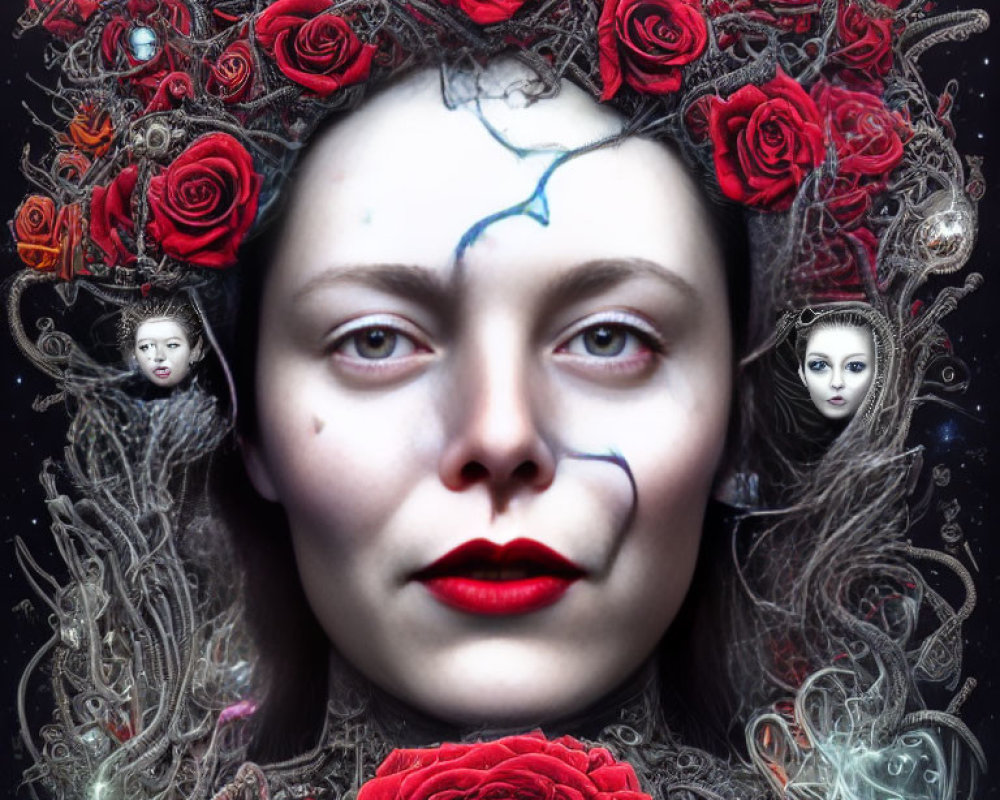 Woman with Red Lips and Blue Lightning Bolt Surrounded by Red Roses and Miniature Faces