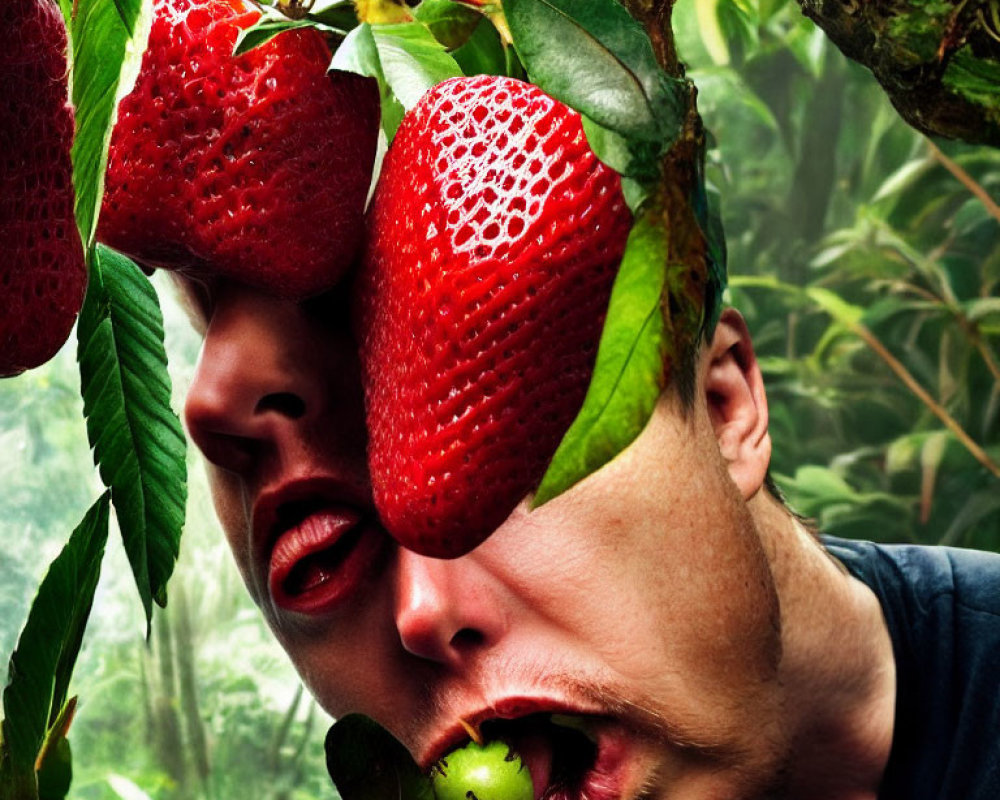 Person with Strawberry Eyes in Lush Forest Setting with Green Fruit in Mouth