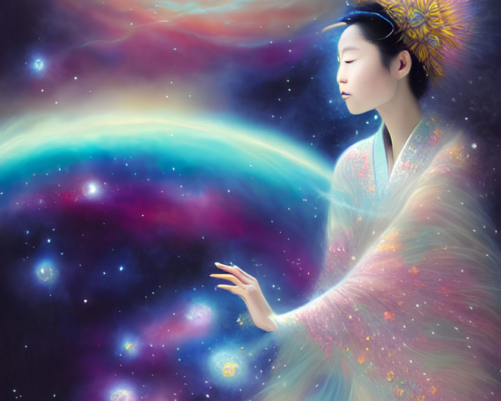 Traditional Attire Figure Holding Glowing Orb in Cosmic Setting