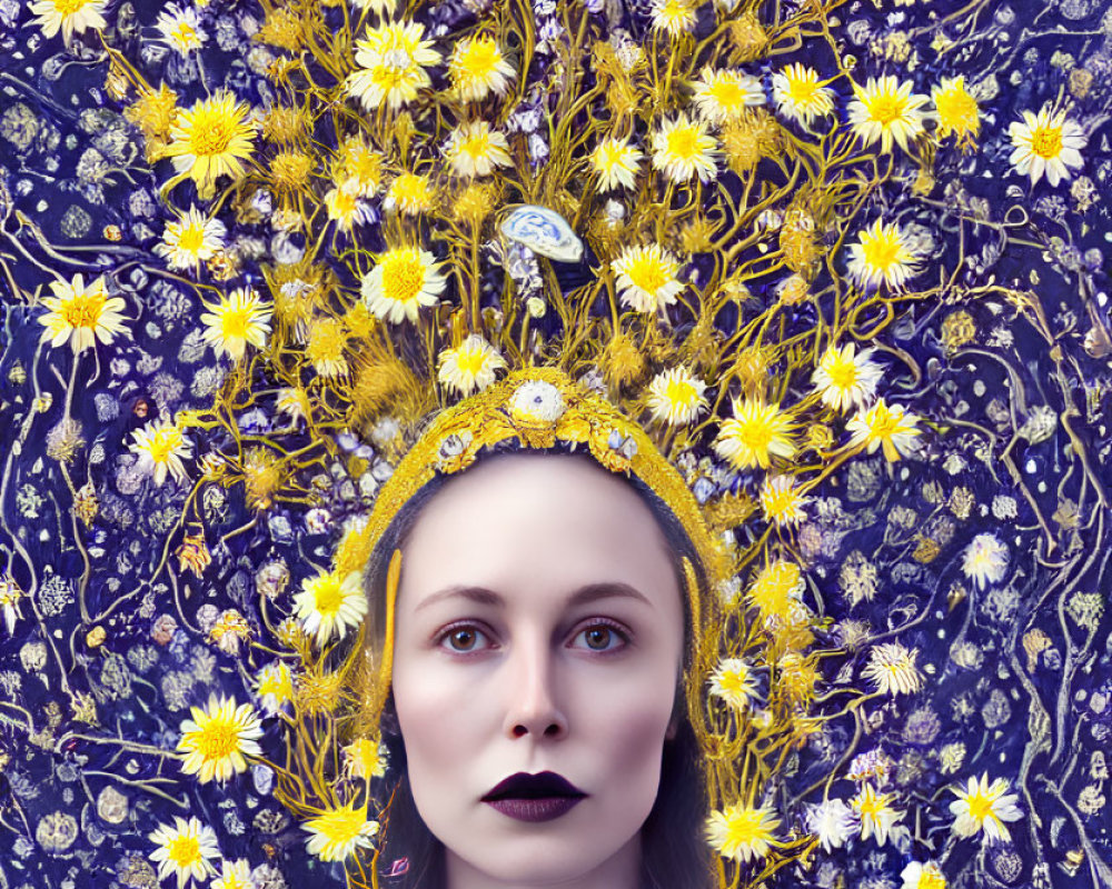 Woman in flowery headdress on mystical floral backdrop in yellows and whites