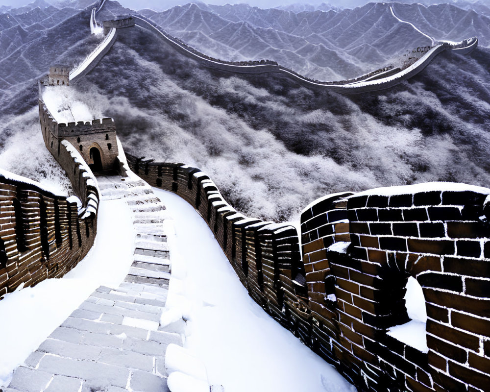 Ancient Great Wall of China in Snowy Mountains