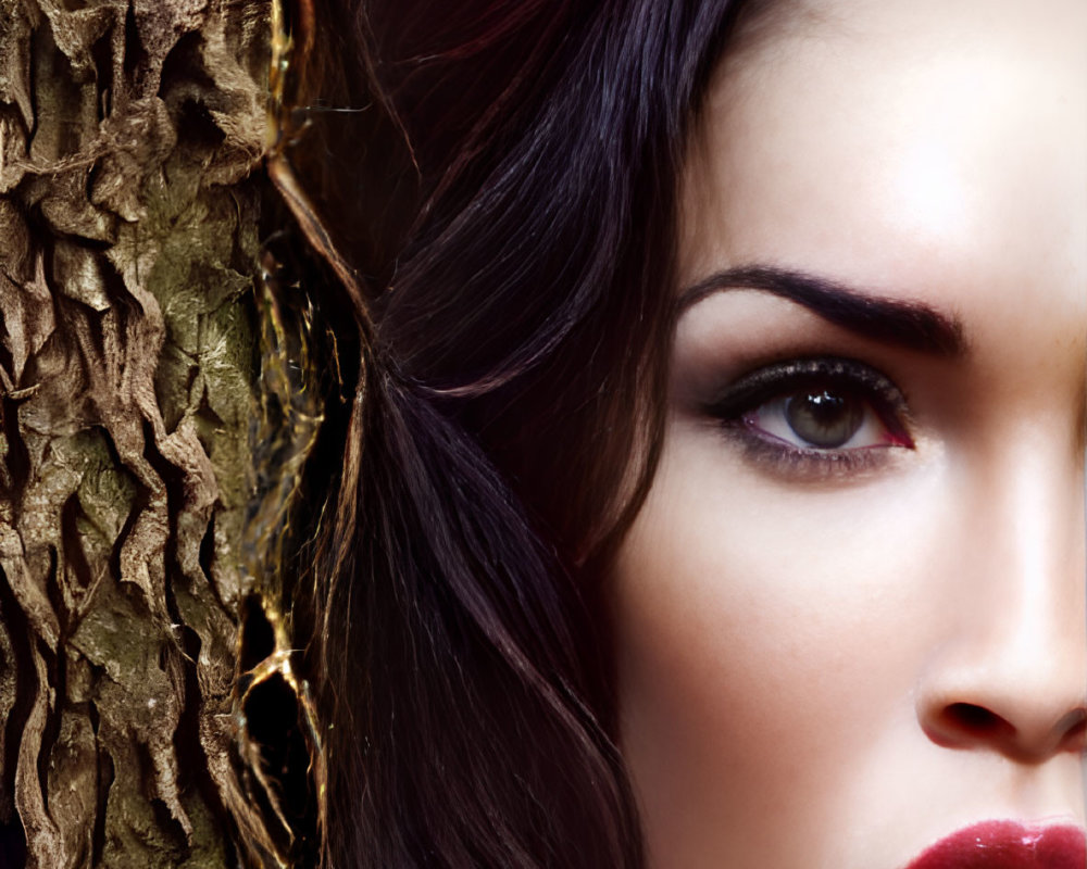 Close-Up Woman's Face with Focused Eyes and Prominent Makeup Near Tree Bark