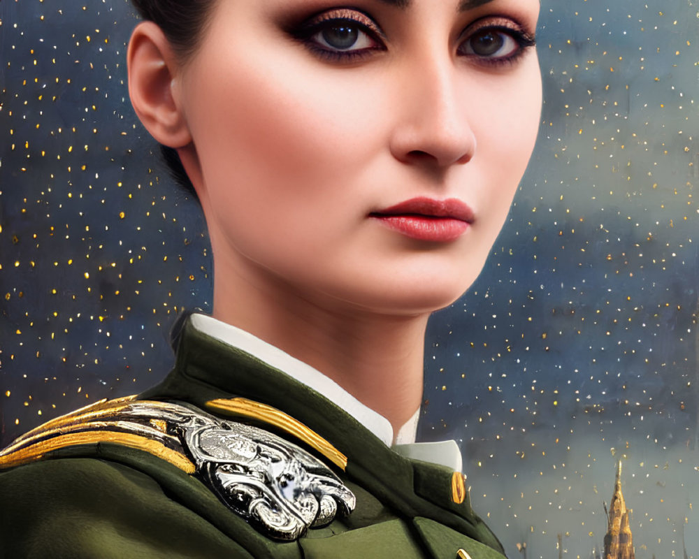 Decorated military woman in uniform with intense gaze, moonlit gothic cathedral background