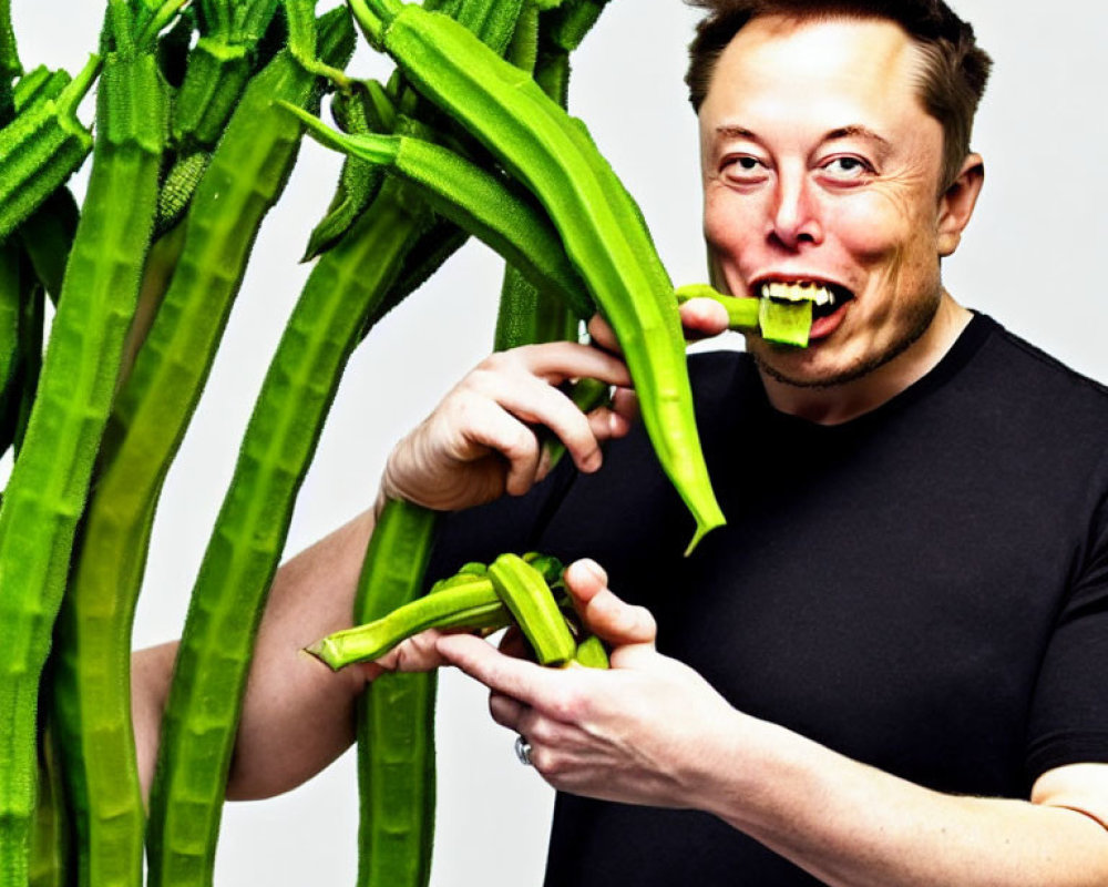 Person biting okra with stalks on white background