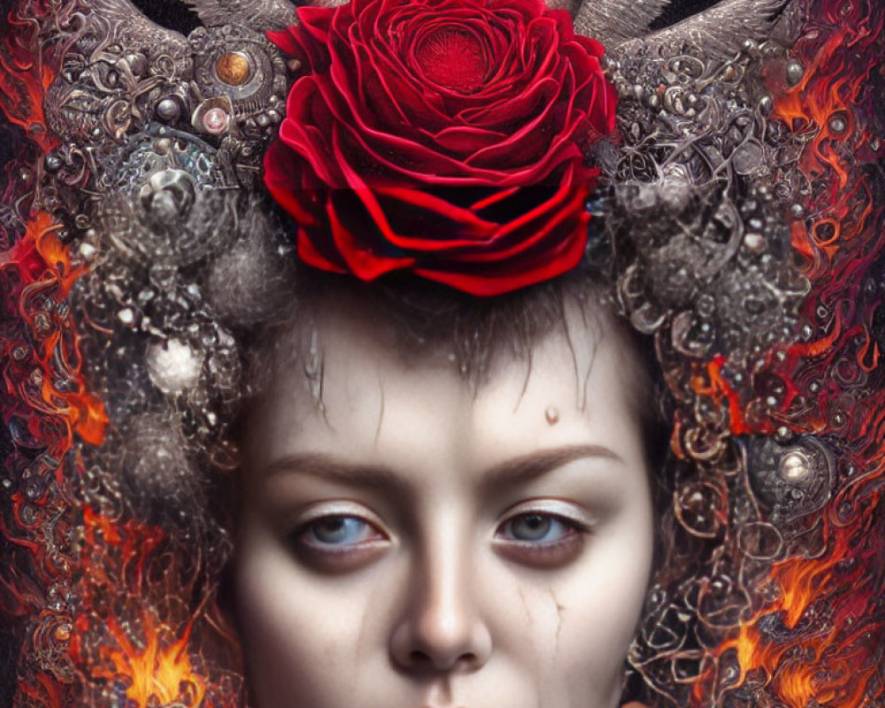 Detailed Artwork: Pale-faced figure with red rose crown, surrounded by ornate feathers, gears,