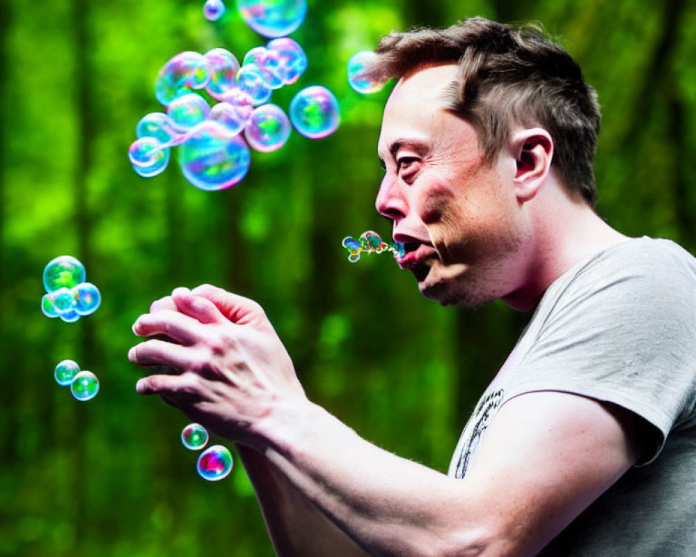 Person blowing soap bubbles in lush outdoor environment