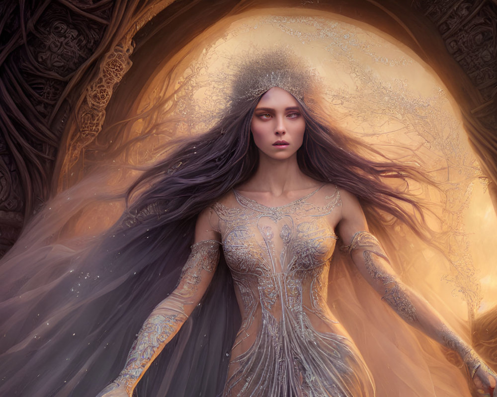 Ethereal woman in ornate attire by intricate arch