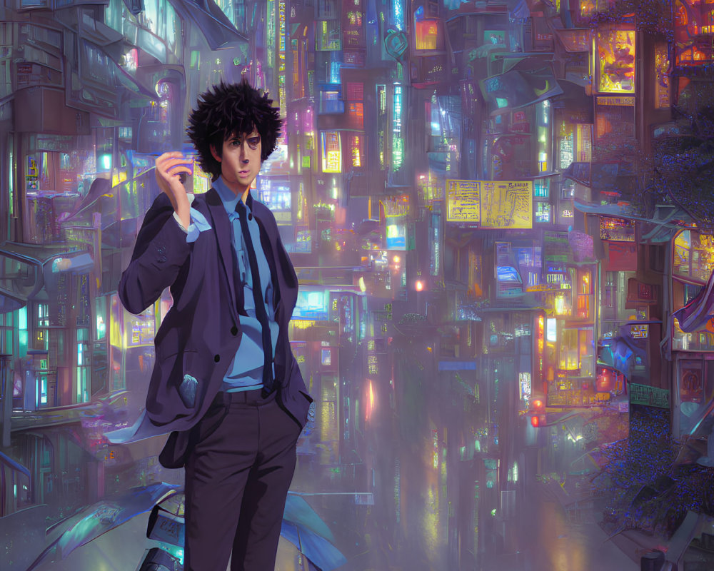 Black-haired person in neon-lit futuristic cityscape with glowing sphere