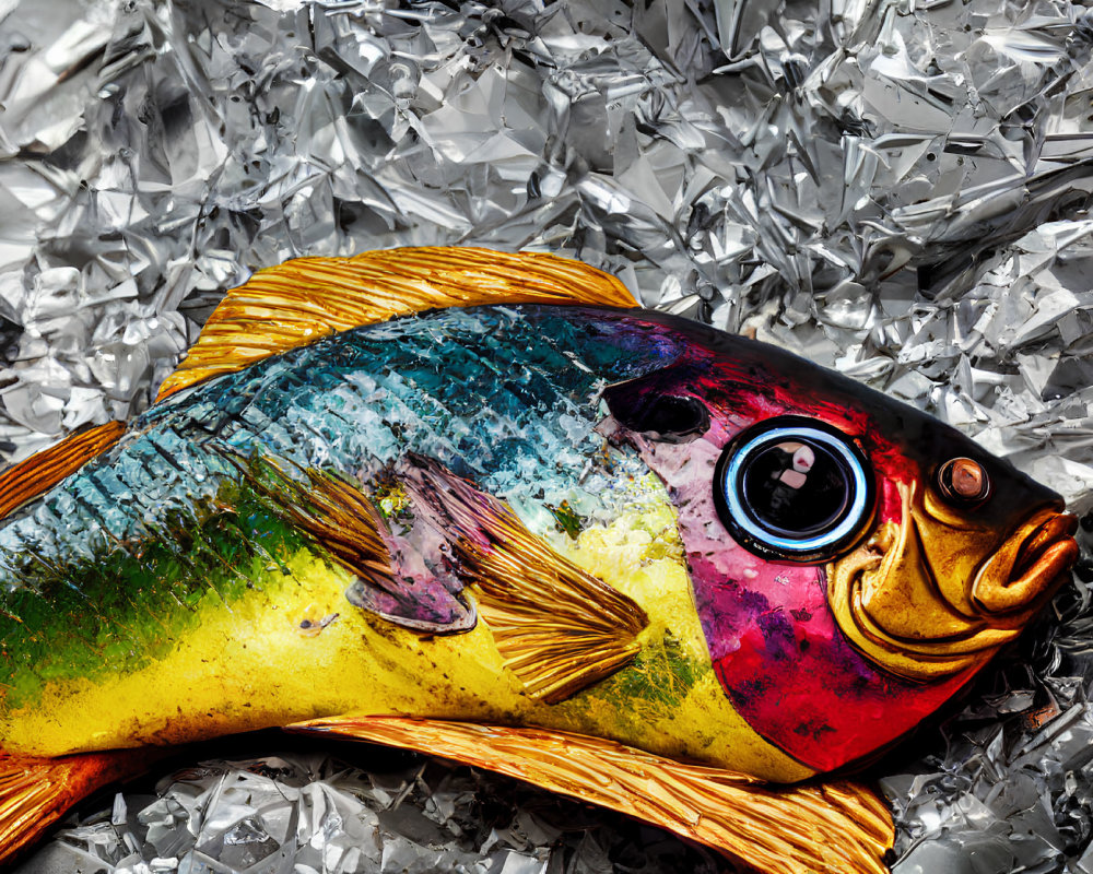 Colorful ceramic fish on crumpled silver foil: Contrasting textures and shimmering reflections